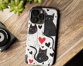 Cute Black and White Cats Love Theme Case Phone Cover for iPhone 15 14 max 13 pro 12 11 Plus Cat Lover Gift