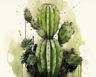 Image numérique de cactus de style aquarelle en haute résolution. Art imprimable et agrandissable.