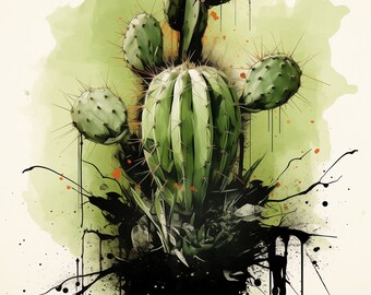 Image numérique de cactus de style aquarelle en haute résolution. Art imprimable et agrandissable.