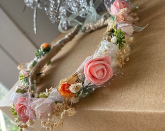 Rustic Spring, Flower Crown, Handmade, Jute Rope Crown with, Dried Cipso, Paper and Artificial Flowers, Mothers Day Gift