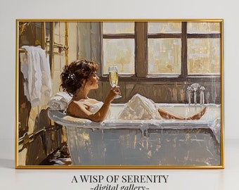 Woman Drinking Champagne in Bathtub Wall Art Print l Classic Wall Print l PRINTABLE Art l Modern Bathroom Deco l Horizontal Digital Download
