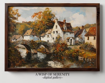 Rustic German Countryside Village PRINTABLE Painting l Vintage Country Landscape Wall Art Print l Bedroom Deco l Horizontal Digital Download