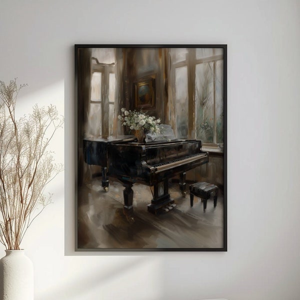 Melodic Tranquility: Black Piano in Soft Light l Vintage Vertical Wall Art l Old Money Art l Printable Digital Art l Digital Download