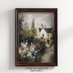 May include: A painting of a white house with a garden in front of it. The house has a red roof and a path leading to the front door. There are flowers and trees in the garden. A person is walking down the path.