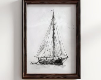 Disegno di barca a vela minimalista neutra / Stampa artistica da parete nautica d'epoca l Arte costiera a vela oceanica STAMPABILE l Download digitale verticale