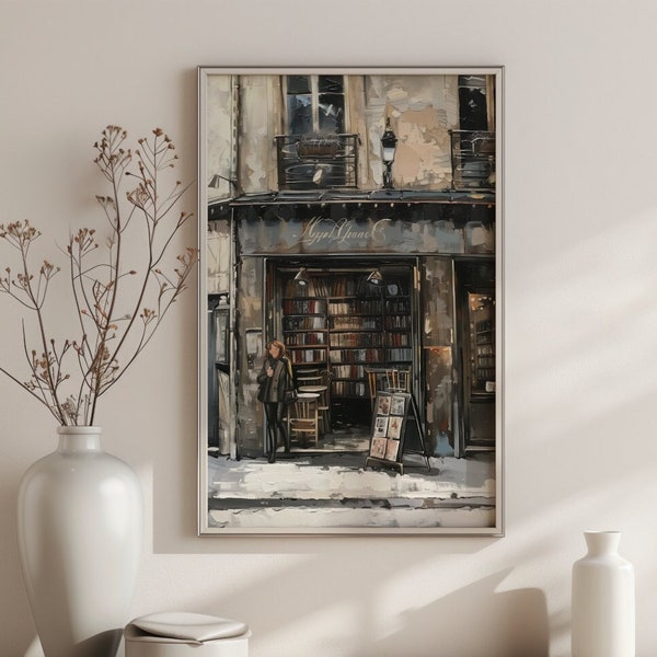 Vertical Oil Painting Of A Bookstore in Paris l Soft Natural Colours l Printable Digital Art l Wall Art for Sale l Home Decor l AI Art