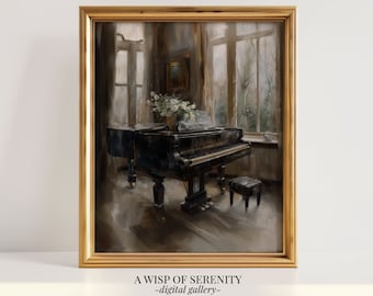 May include: A painting of a grand piano in a room with large windows. The piano is black and has a white keyboard. The room is decorated in a classic style with a vase of white flowers on the piano. The painting is framed in gold.