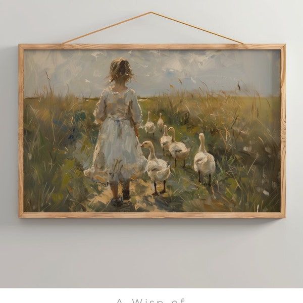 Girl and Geese: A Stroll in the Greenery l Printable Horizontal Oil Painting l Digital Wall Art l Children's room decor l Baltic Sea