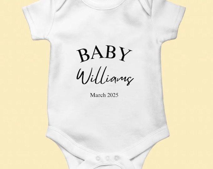 Featured listing image: Baby Announcement Bodysuit for Newborn Custom One Piece for Baby Custom Name Bodysuit for Baby Baby Shower Gift for Newborn Gender Neutral