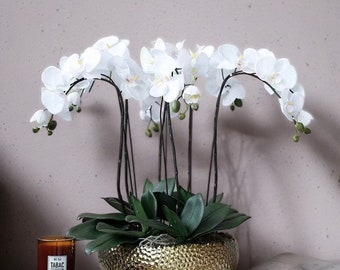 Faux Floral - Exclusive Design Handmade Real Touch Luxury Silk Flowers Artificial Orchid Pot Flower 6 Stems Arrangement Personalized Gifts