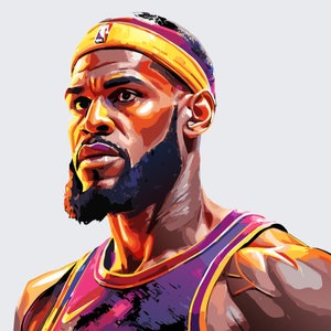 May include: Digital art portrait of a basketball player wearing a yellow headband with a logo. The player is wearing a purple and gold jersey. The artwork features bold colours and a stylised aesthetic.