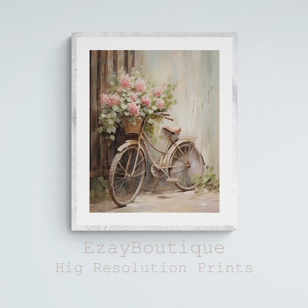 Flower Oil Painting, Printable poster, Vintage bicycle art