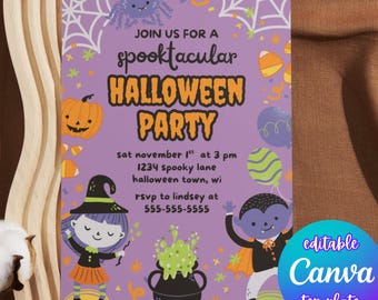 May include: A purple Halloween party invitation with cartoon illustrations of a pumpkin, spider, witch, and vampire. The text reads "Join us for a spooktacular Halloween Party" with event details. Includes a "Canva template" badge.