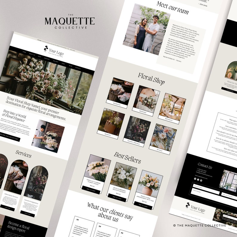 May include: Website mockup for a floral shop with a beige background. The website features a floral shop logo, a section for floral arrangements, a section for best sellers, a section for customer testimonials, and a contact us section. The website also features a section for the floral shop's team.