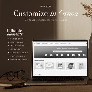 May include: A laptop computer displaying the Canva website with the text "What will you design today?" in a search bar. The screen shows a variety of design templates, including a document, a whiteboard, a Facebook post, and an Instagram story. The laptop is sitting on a wooden table with a pair of glasses and a notebook.