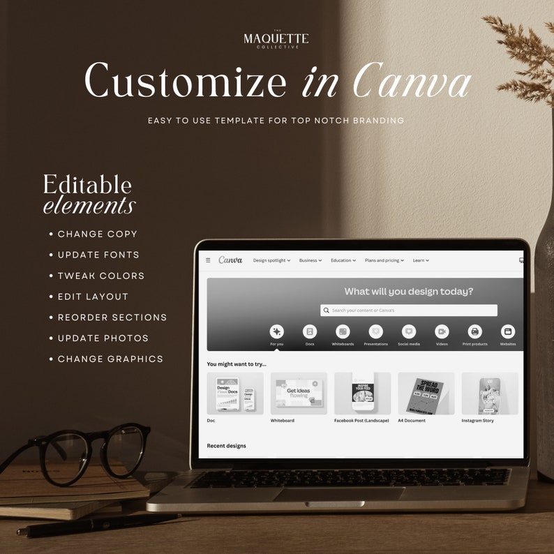 May include: A laptop computer displaying the Canva website with the text "What will you design today?" in a search bar. The screen shows a variety of design templates, including a document, a whiteboard, a Facebook post, and an Instagram story. The laptop is sitting on a wooden table with a pair of glasses and a notebook.
