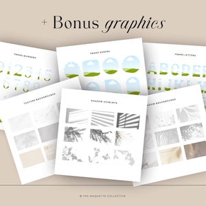 May include: A set of digital graphics for use in design projects. The graphics include numbers, letters, shapes, textures, and shadow overlays. The graphics are in a minimalist style with a light blue, green, and white color scheme.