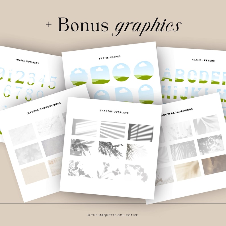 May include: A set of digital graphics for use in design projects. The graphics include numbers, letters, shapes, textures, and shadow overlays. The graphics are in a minimalist style with a light blue, green, and white color scheme.