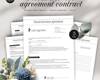 May include: A black and white floral services agreement contract template with a simple design. The template includes a space for your logo, company information, and payment information. The text on the page reads "Floral Services Agreement" and "This Agreement of Floral Design Services executed this day of ______, 20___."