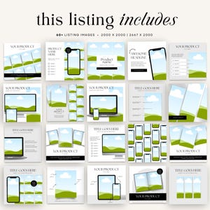 May include: A set of 60 social media templates featuring a green landscape with clouds and a white background. The templates include different layouts with text boxes, images of phones and laptops, and the text "Your Product".