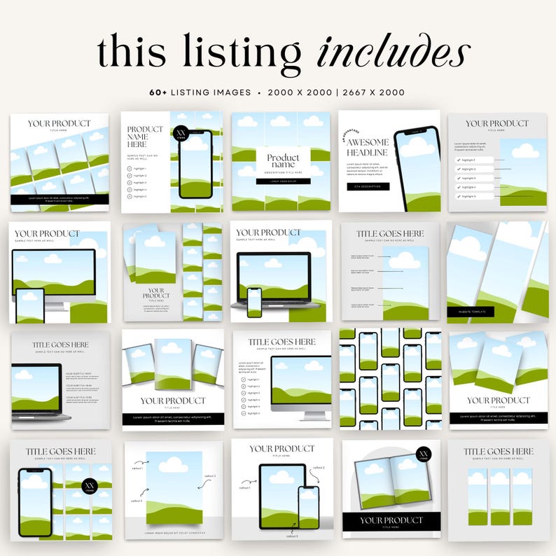 May include: A set of 60 social media templates featuring a green landscape with clouds and a white background. The templates include different layouts with text boxes, images of phones and laptops, and the text "Your Product".