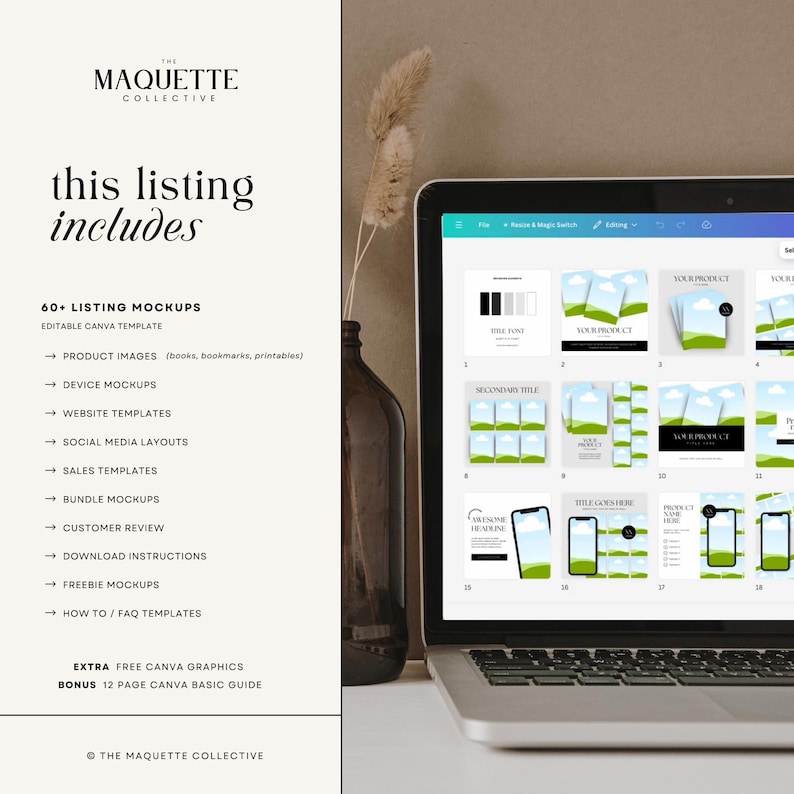 May include: A laptop screen displaying a Canva mockup template with 60 listing mockups. The mockups feature various product images, device mockups, website templates, social media layouts, sales templates, bundle mockups, customer reviews, download instructions, freebie mockups, and how-to/FAQ templates. The text "60+ Listing Mockups" is visible on the screen.