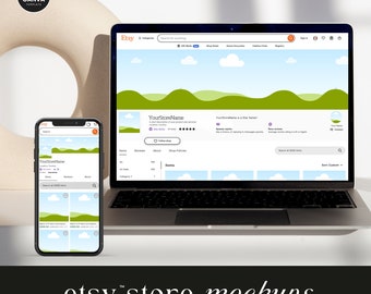 May include: Mockup of a laptop and smartphone displaying an Etsy shop homepage. The laptop screen shows a green and blue landscape with clouds, the shop name "YourStoreName", and a search bar. The smartphone screen shows a similar landscape with a grid of product images.