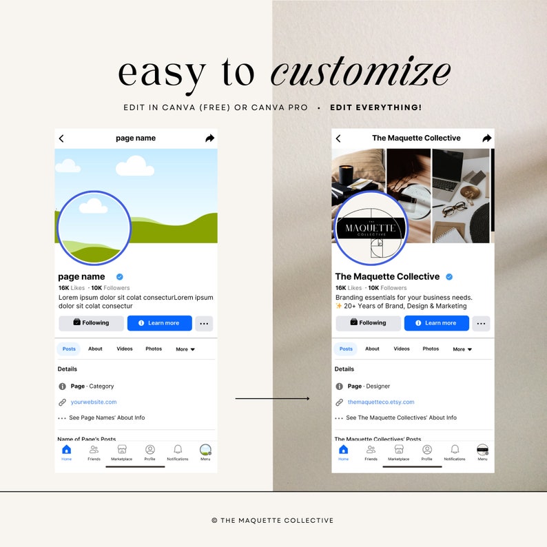 May include: A screenshot of a social media page for The Maquette Collective, a branding company. The page has 16K likes and 10K followers. The page description reads "Branding essentials for your business needs. 20+ Years of Brand, Design & Marketing."