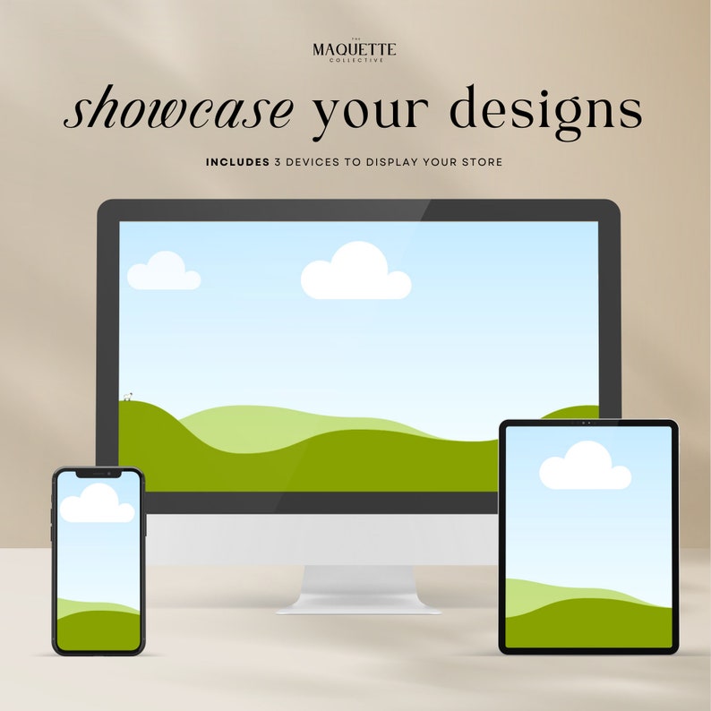May include: A mockup of a desktop computer, tablet, and smartphone displaying a simple landscape design with a blue sky, white clouds, and green hills. The text "showcase your designs" is displayed above the devices. The text "includes 3 devices to display your store" is displayed below the devices.