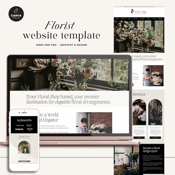 Florist Website Template, Modern Canva Website Template, Floral Shop Website Theme, Beige Aesthetic Business Site, INSTANT DOWNLOAD, MCFLM14