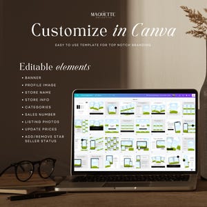 May include: A laptop screen displaying a Canva design template for Etsy shop listings. The template includes editable elements such as a banner, profile image, store name, store info, categories, sales number, listing photos, update prices, add/remove star seller status. The template has a green and white color scheme.
