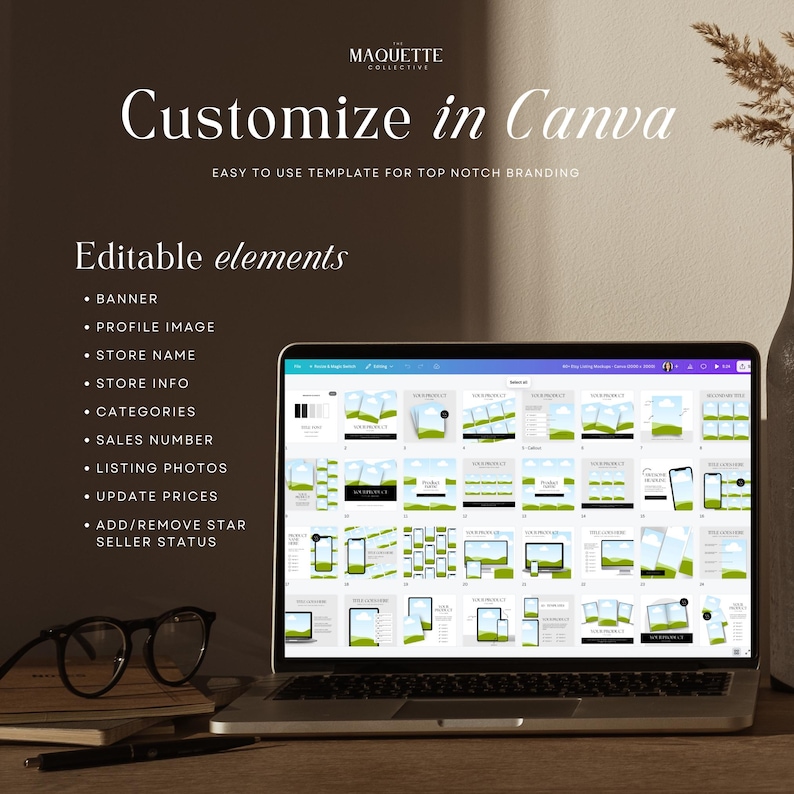 May include: A laptop screen displaying a Canva design template for Etsy shop listings. The template includes editable elements such as a banner, profile image, store name, store info, categories, sales number, listing photos, update prices, add/remove star seller status. The template has a green and white color scheme.