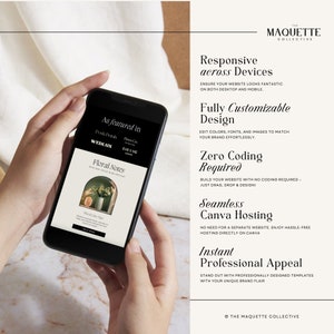 May include: A mockup of a website on a mobile phone, showcasing a website template with a floral design. The text on the website reads "Floral Notes". The website template is customisable and can be built with no coding required. The text on the image reads "Responsive across Devices", "Fully Customisable Design", "Zero Coding Required", "Seamless Canva Hosting", and "Instant Professional Appeal".