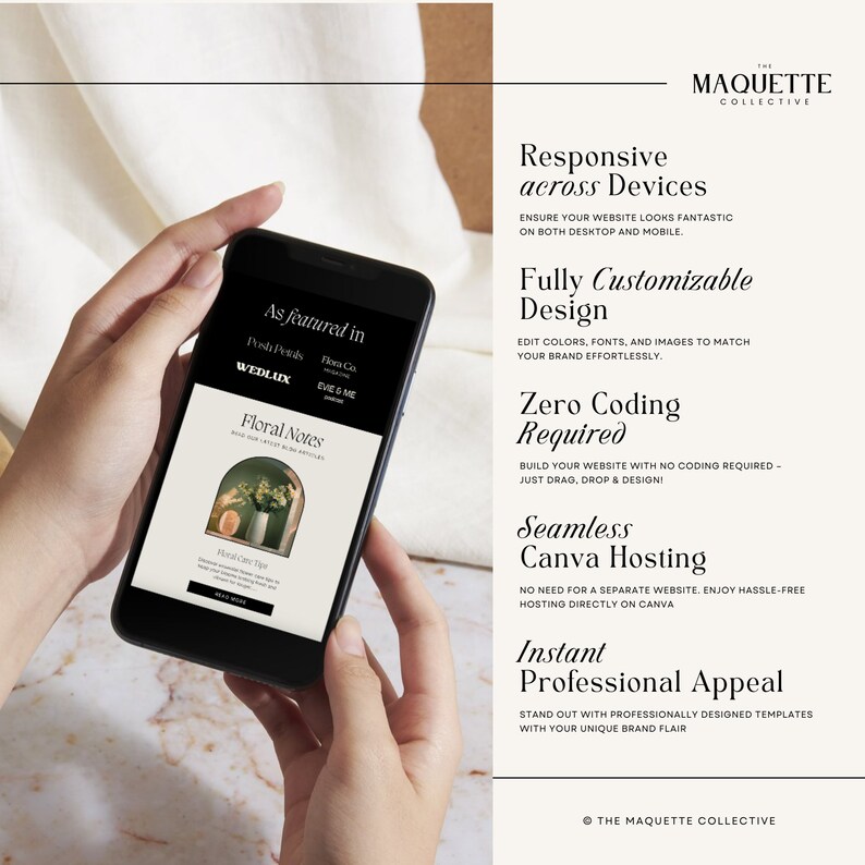 May include: A mockup of a website on a mobile phone, showcasing a website template with a floral design. The text on the website reads "Floral Notes". The website template is customisable and can be built with no coding required. The text on the image reads "Responsive across Devices", "Fully Customisable Design", "Zero Coding Required", "Seamless Canva Hosting", and "Instant Professional Appeal".