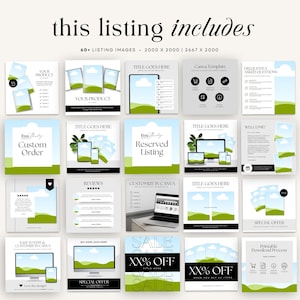 May include: A set of 60 social media templates for Etsy shops. The templates feature a green and blue color scheme with a nature theme. The templates include text such as "Easy Custom Order", "Reserved Listing", "Welcome?", "Special Offer", "Sale XX% Off", and "Printable Download Process".