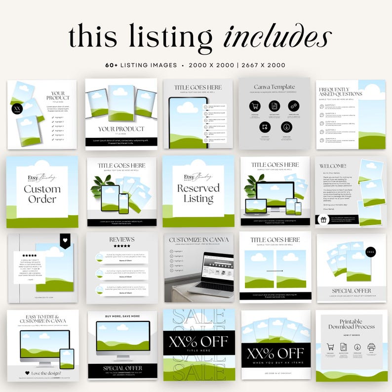May include: A set of 60 social media templates for Etsy shops. The templates feature a green and blue color scheme with a nature theme. The templates include text such as "Easy Custom Order", "Reserved Listing", "Welcome?", "Special Offer", "Sale XX% Off", and "Printable Download Process".
