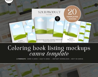 Puede incluir: Una plantilla de maqueta para listados de libros para colorear en Canva. La plantilla presenta 20 diseños diferentes con un esquema de color verde y azul. El texto "Tu producto" se muestra en cada diseño. El texto "20 plantillas + bonificaciones" también se muestra en la imagen.