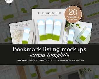 Puede incluir: Una plantilla de maqueta para 20 diseños de marcapáginas. Los marcapáginas presentan un diseño de paisaje verde y azul con una nube blanca. El texto "TITLE GOES HERE" se muestra en los marcapáginas. El texto "20 TEMPLATES + BONUSES" se muestra en un círculo blanco con un contorno verde. El texto "Bookmark listing mockups canva template" se muestra en un rectángulo negro con texto blanco. El texto "2 FORMATS: 2000 X 2000 | 2667 X 2000 - INSTANT DOWNLOAD - EDIT IN CANVA" se muestra debajo del rectángulo.