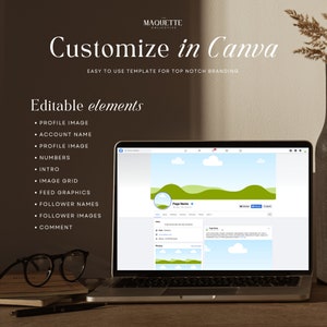 May include: A laptop computer displaying a Facebook page template with a green and blue colour scheme. The template features a profile picture, a cover photo, and a section for posts. The text "Customize in Canva" is displayed above the laptop.
