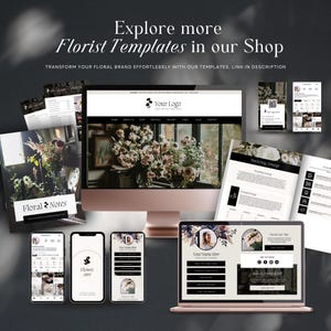 May include: A collection of digital templates for florists, including a website design, social media graphics, and marketing materials. The templates feature a floral theme with a modern and elegant design.