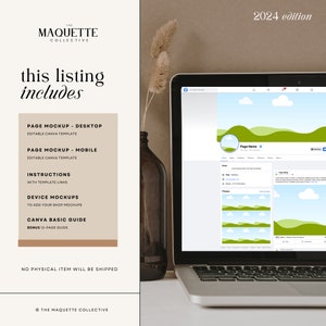 May include: A laptop computer displaying a Facebook page mockup with a green and blue landscape design. The text "Page Name" is visible on the page. The laptop is on a white surface with a brown vase and a dried plant.
