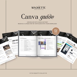May include: A 12-page guide to Canva, featuring a close-up of the open guide with the title "Text Cheatsheet" and "How to make a Canva Account". The guide also includes pages on adding pages, merging templates, and using frames.