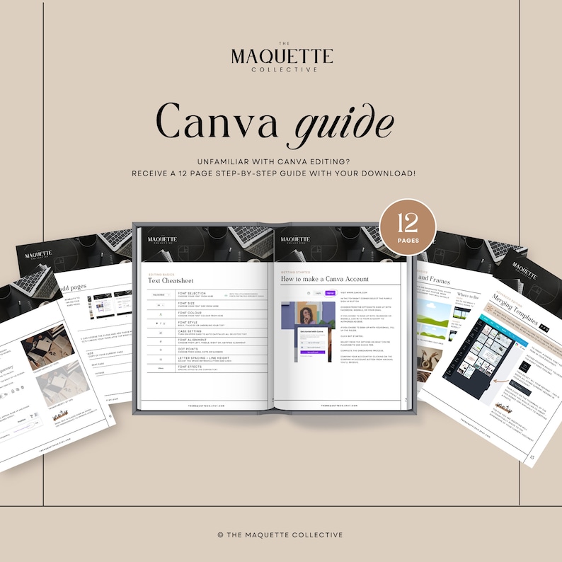 May include: A 12-page guide to Canva, featuring a close-up of the open guide with the title "Text Cheatsheet" and "How to make a Canva Account". The guide also includes pages on adding pages, merging templates, and using frames.