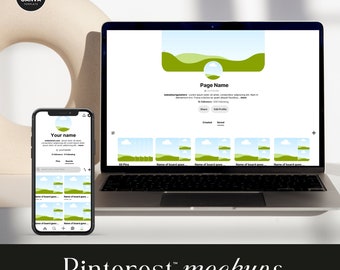 May include: Mockup of a Pinterest page on a laptop and a mobile phone. The page has a green and blue landscape design with the text "Page Name". The laptop and phone are on a white surface.