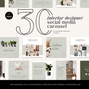 May include: A set of 30 Instagram carousel templates for interior designers. The templates feature a variety of design styles, including calm earth, rough luxe, and cushion styles. The templates are pre-designed and fully customizable, making them perfect for personal or business use.