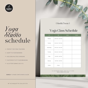 Puede incluir: Una plantilla de horario de clases de yoga para un estudio de yoga, imprimible, con un esquema de color verde y blanco. La plantilla incluye un espacio para el día de la semana, la hora, el curso y el profesor. El texto "I Studio Name I" y "Yoga Class Schedule" están en la parte superior de la plantilla. El texto "123 ANYWHERE STREET, ANY CITY, ST 12346" y "REALLYGREATSITE.COM" están en la parte inferior de la plantilla.