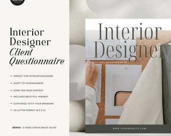 May include: A printable interior designer client questionnaire template with a corkboard background and a hand holding a pen. The text on the template reads "Interior Designer Client Questionnaire".