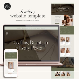 Pode incluir: Um modelo de site para um negócio de joias. O site apresenta um fundo marrom claro com uma corrente de ouro e um anel de prata. O texto "Crafting Beauty in Every Piece" é exibido em branco. O site também inclui uma seção para coleções futuras e uma seção sobre os artesãos.