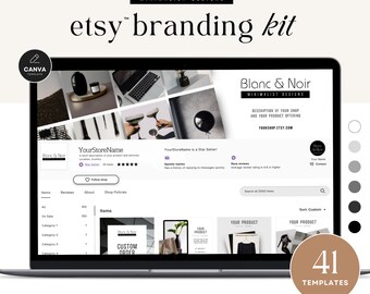 Könnte beinhalten: Ein Laptop-Bildschirm zeigt ein Mockup eines Etsy-Shops mit einem Schwarz-Weiß-Farbschema. Der Shop-Name ist "Blanc & Noir" und der Text "etsy branding kit" wird in großer Schrift angezeigt. Der Bildschirm zeigt ein Mockup der Etsy-Shop-Homepage, einer Produktliste und einer Seite für individuelle Bestellungen. Der Text "41 Vorlagen" wird in einem braunen Kreis in der unteren rechten Ecke des Bildes angezeigt.