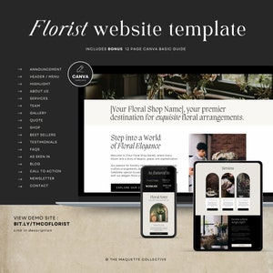 May include: A website template for a florist business. The template features a black background with white text and images of floral arrangements. The text includes the phrase "[Your Floral Shop Name], your premier destination for exquisite floral arrangements." and "Step into a World of Floral Elegance".